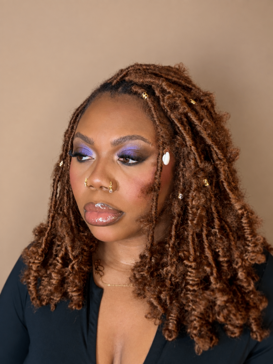 Purple shimmer glam with luminous skin and glossy lips
